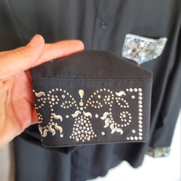 CHRISTINE ALEXANDER VINTAGE EMBELLISHED BLACK BUTTON UP LONG SLEEVE, sz LARGE - Picture 5 of 10